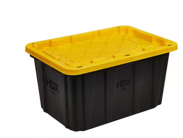 Black 27 gallon moving tote with yellow lid
